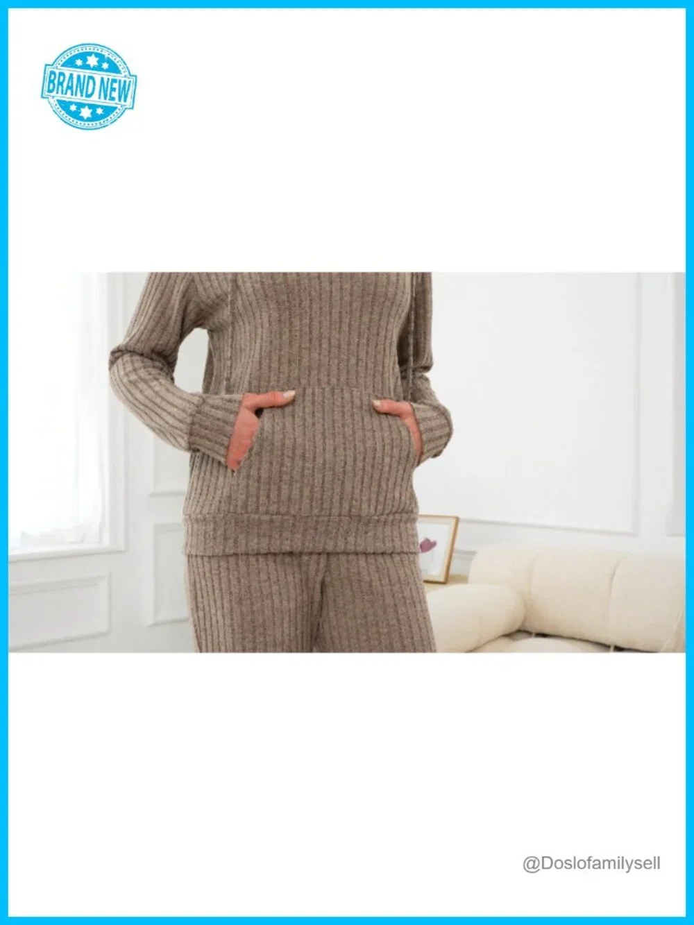 Ribbed Knit Matching Pajama Set with Hoodie & Joggers Pockets